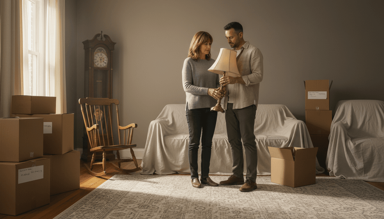 A woman and man examining a vintage lamp in a sunlit room during a respectful downsizing
