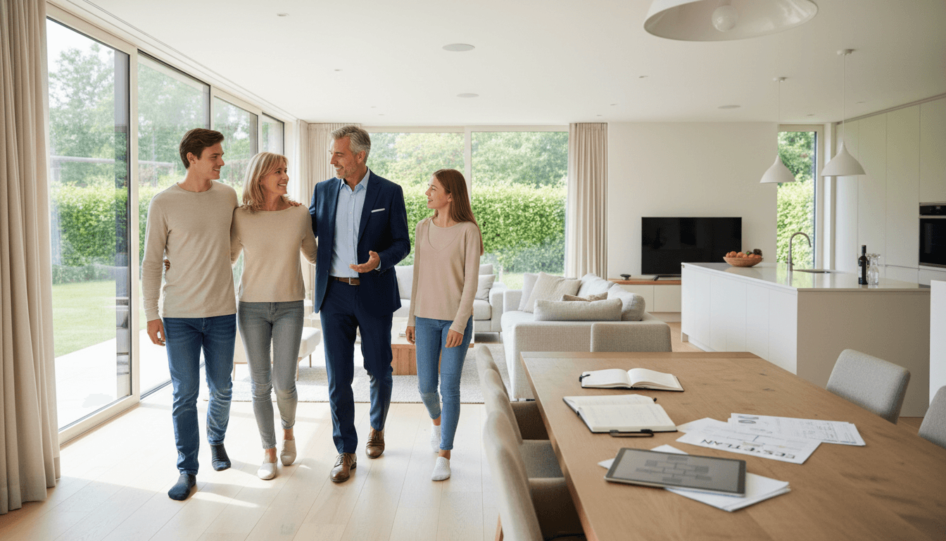 Consultant walking through a bright home with a family, discussing estate planning