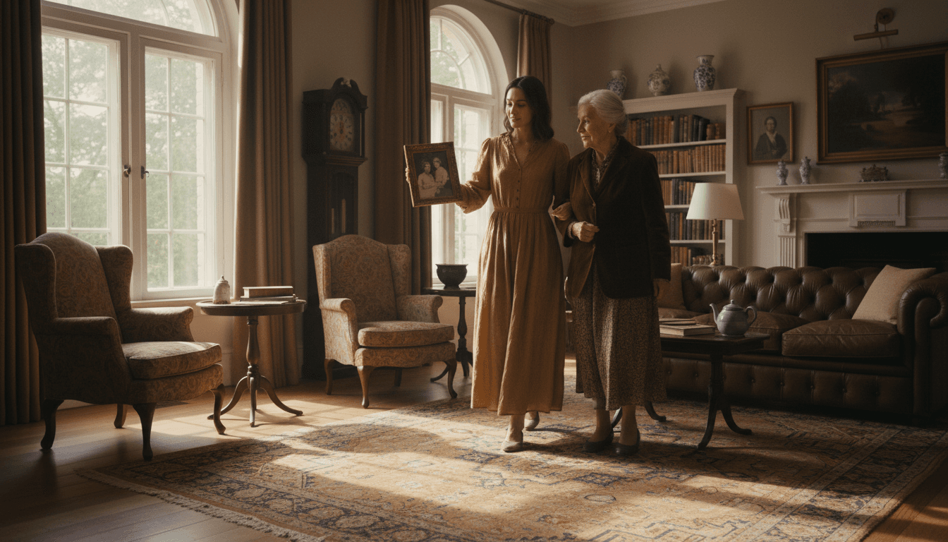Adult daughter and her mother reviewing a framed photograph together in a sunlit family living room during a consultation