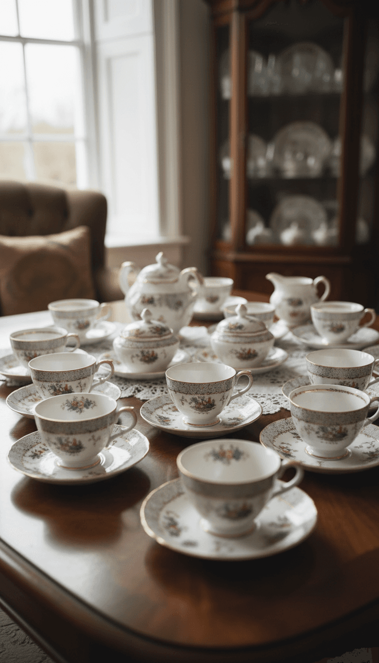 A delicate set of antique china cups and saucers