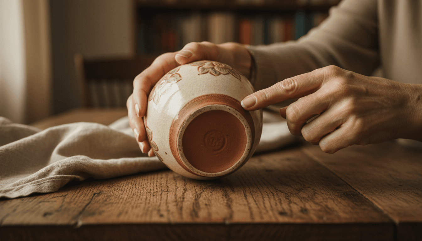 Hands gently examining the underside of a vintage ceramic vase on a worn wooden table
