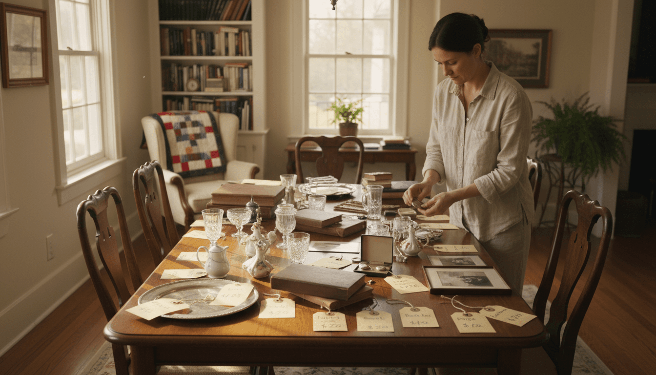 Estate items arranged on a table with handwritten appraisal tags, ready for sorting