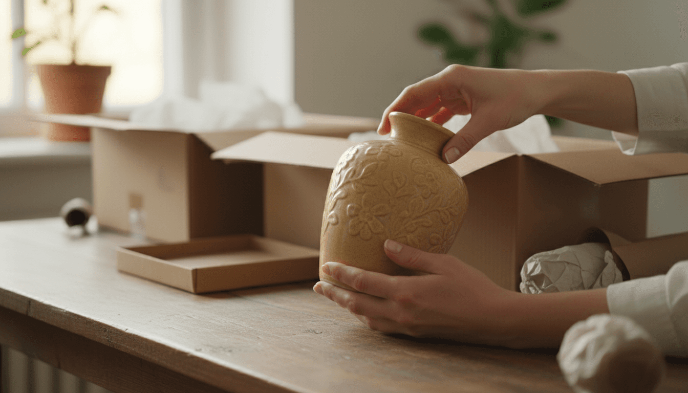 Hands examining a vintage ceramic vase during a careful home sort