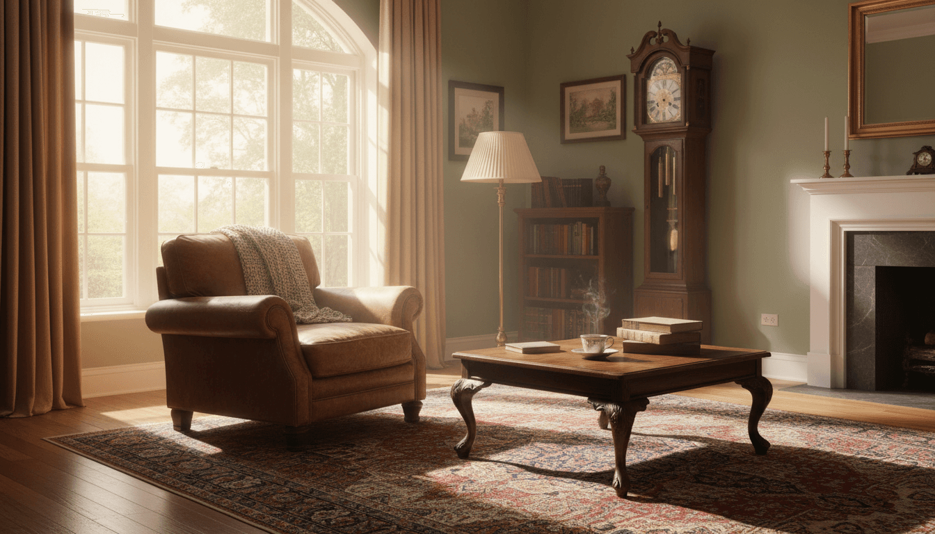Quiet living room with vintage furniture bathed in warm natural light