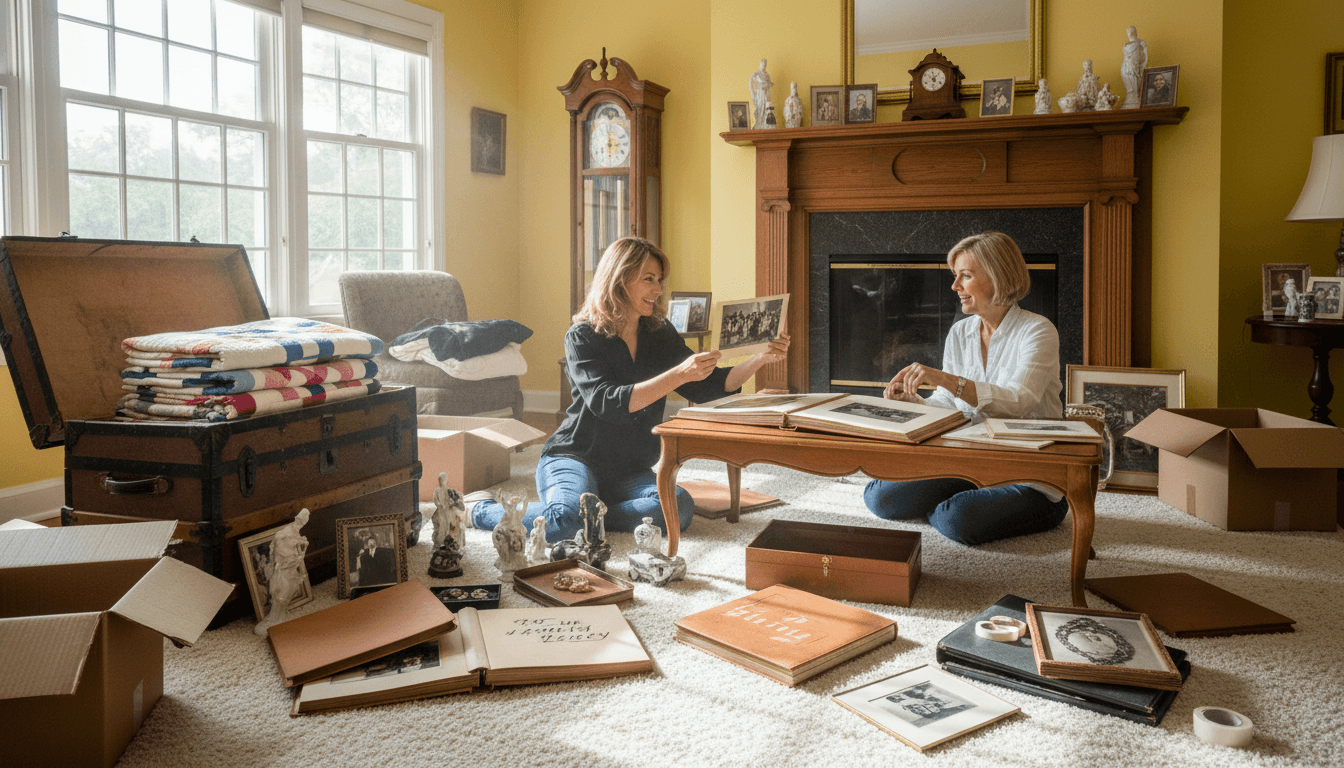 Hands sorting through family photographs and keepsakes in a bright living room