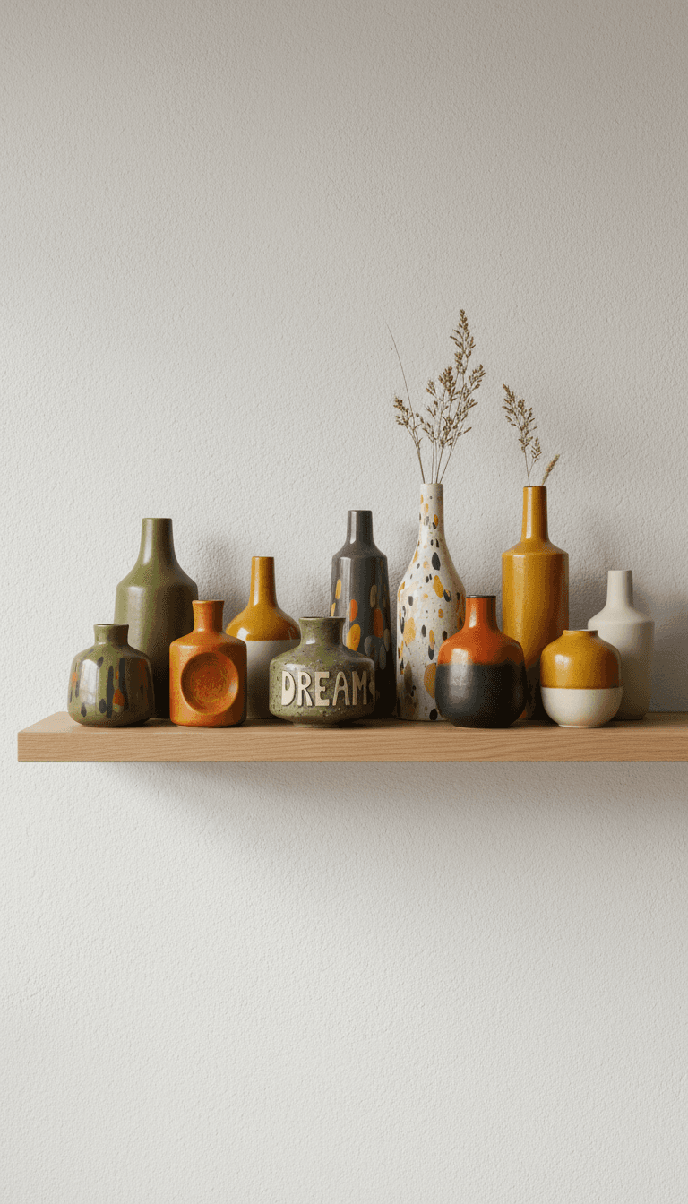 Mid-century ceramic vases arranged on a shelf