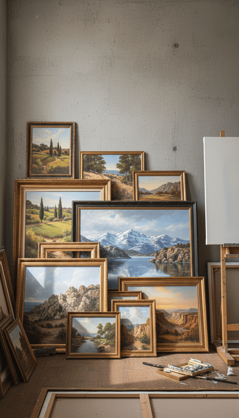 A stack of framed landscape paintings waiting to be appreciated