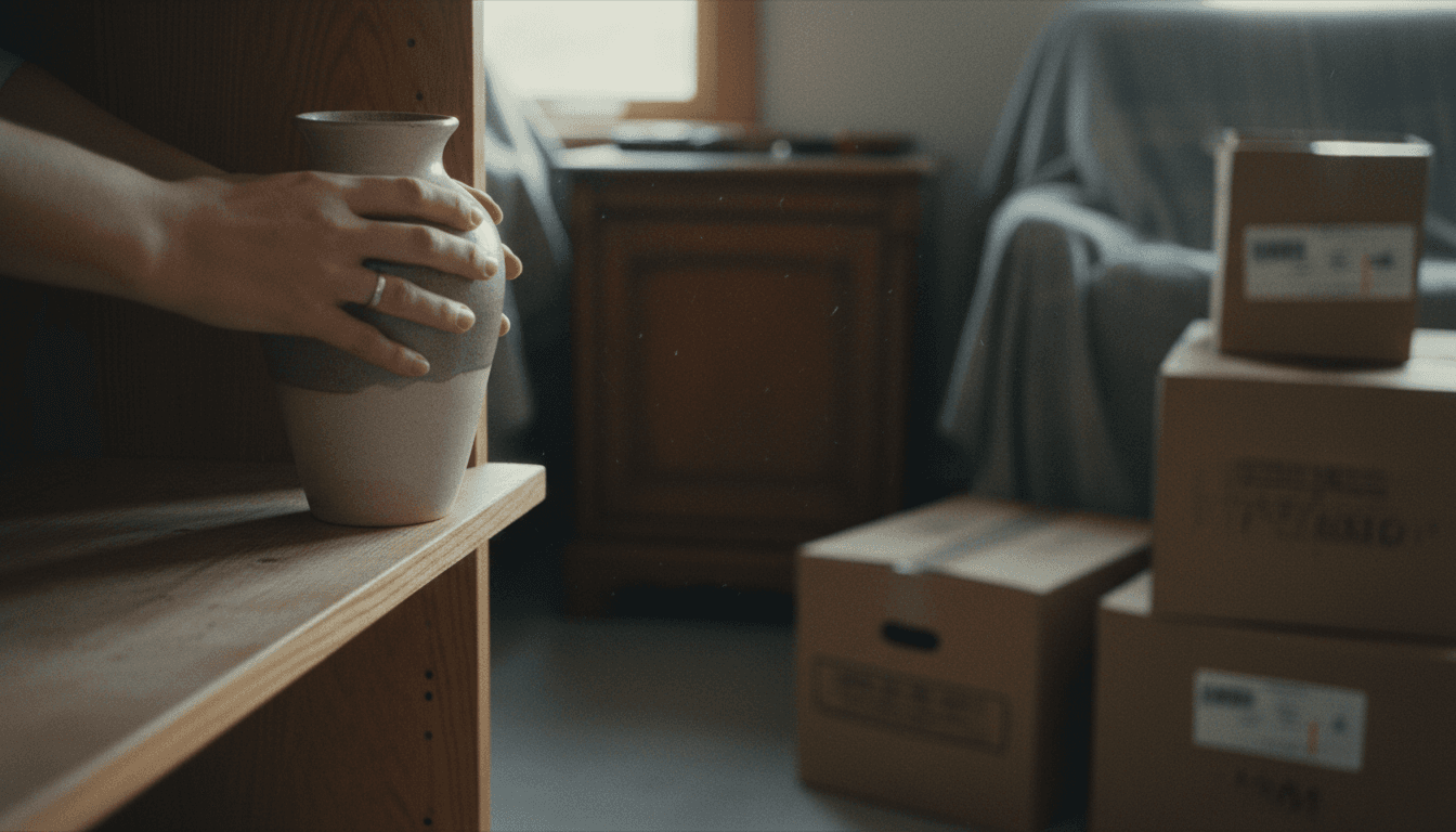 Hands carefully lifting a ceramic vase during an estate inventory in a sunlit room