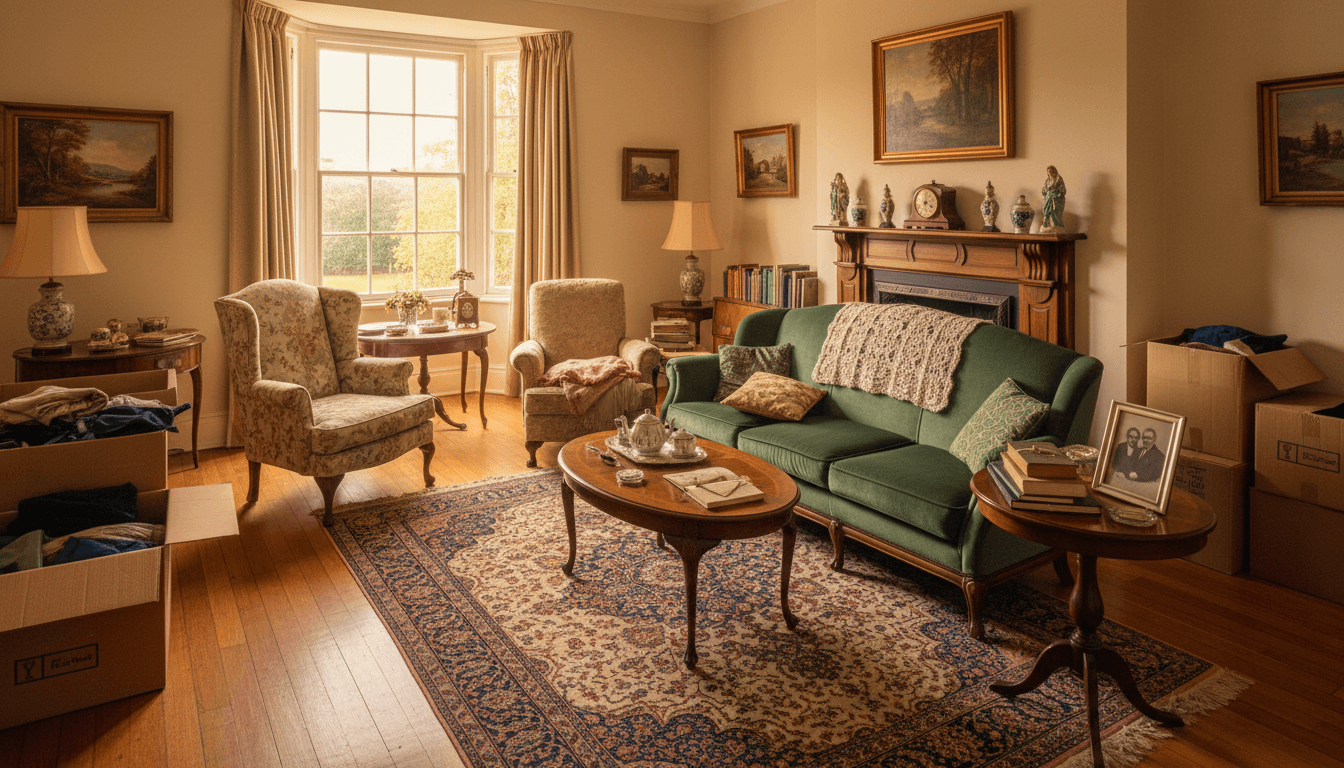 Sunlit living room with neatly arranged vintage furniture and personal belongings during estate clearance