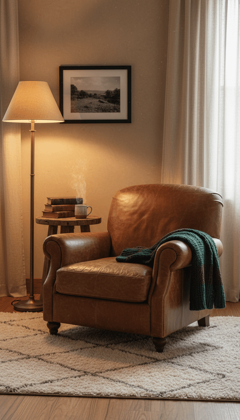 A worn leather armchair that's clearly been loved for decades