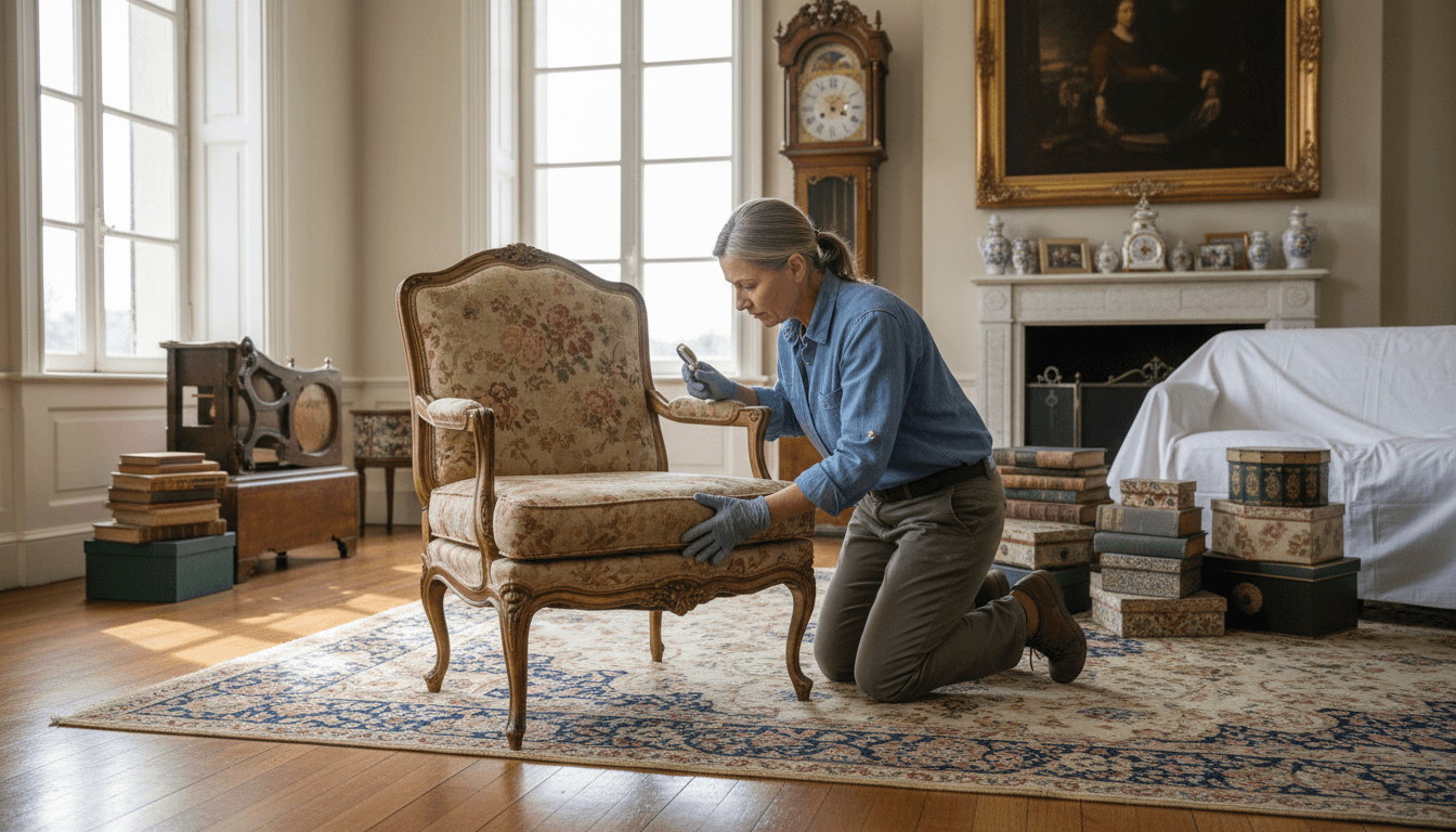 Estate clearance professional inspecting an antique chair in a bright living room