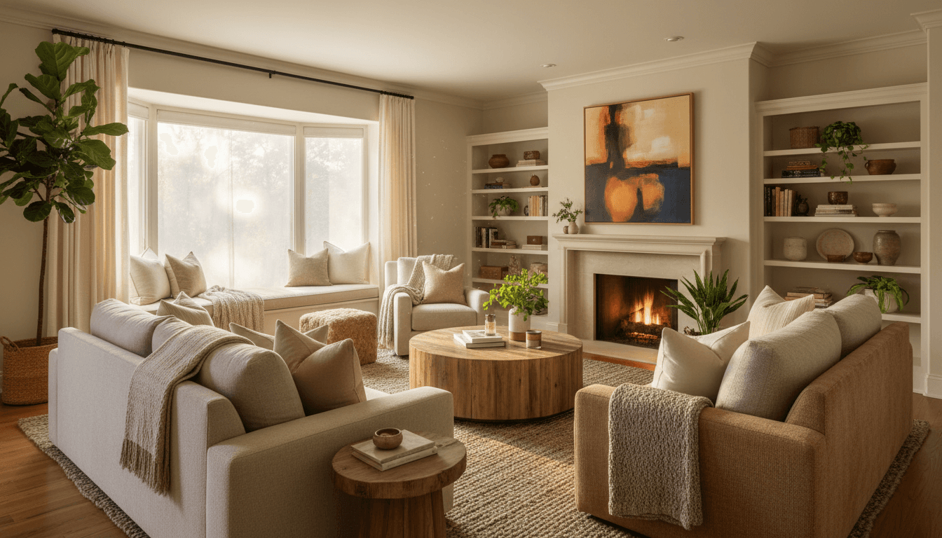 A warm, peaceful living room with natural light, suggesting a calm and welcoming atmosphere for a consultation