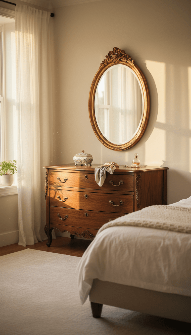 Ornately carved vintage dresser in a bright, airy room
