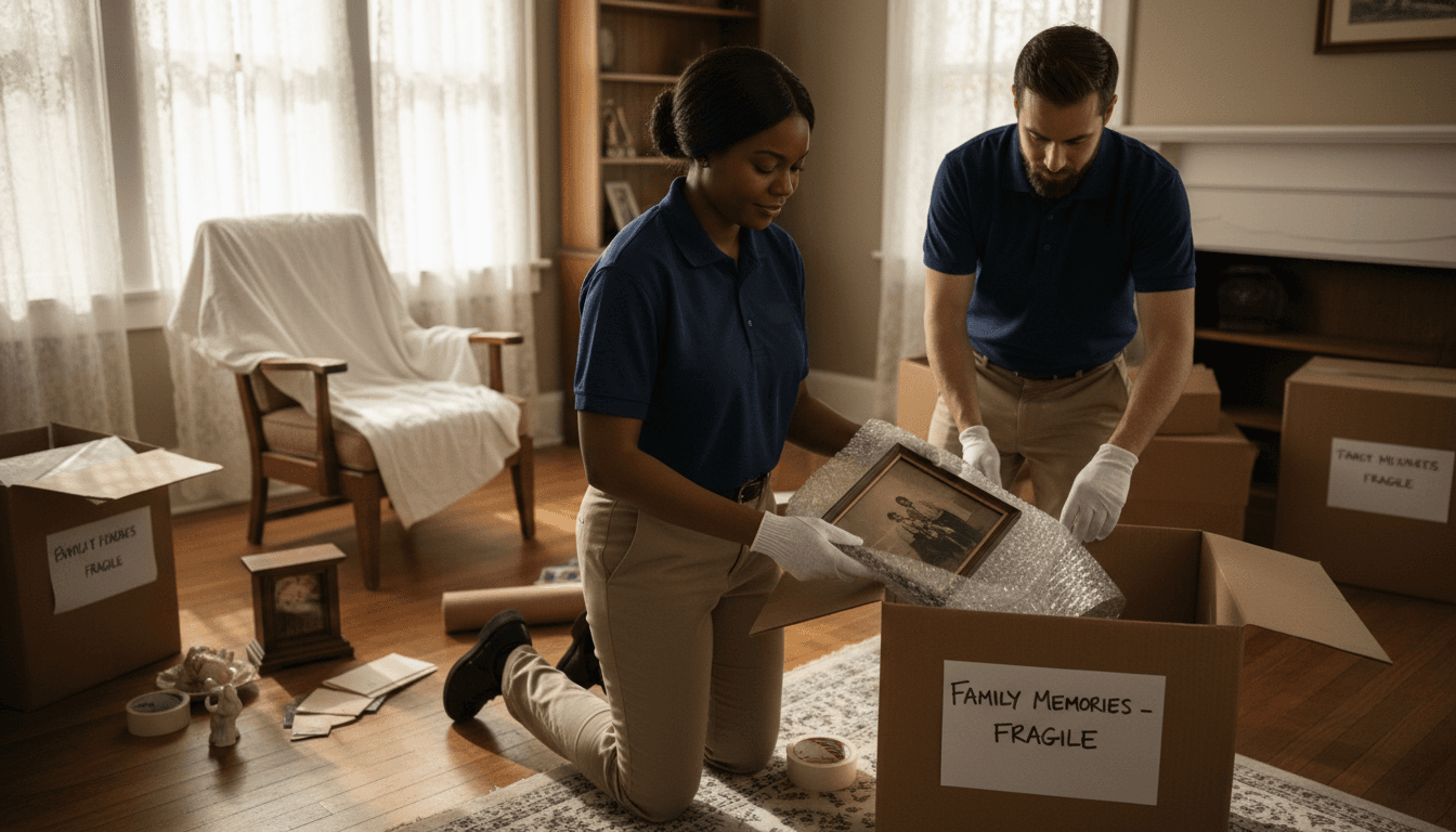 Hands placing keepsakes into a box during an estate sort in a bright, cozy home