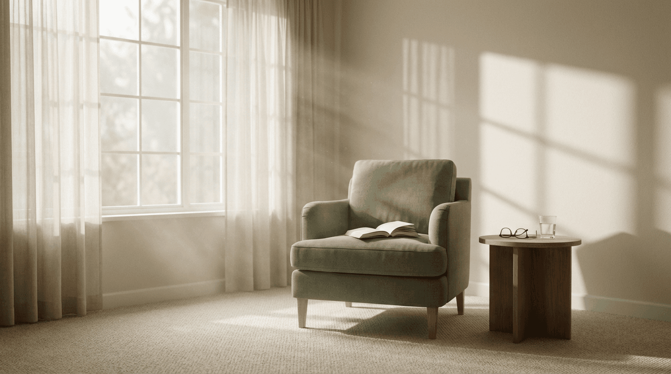 Warm natural light in a cozy living room with vintage furniture