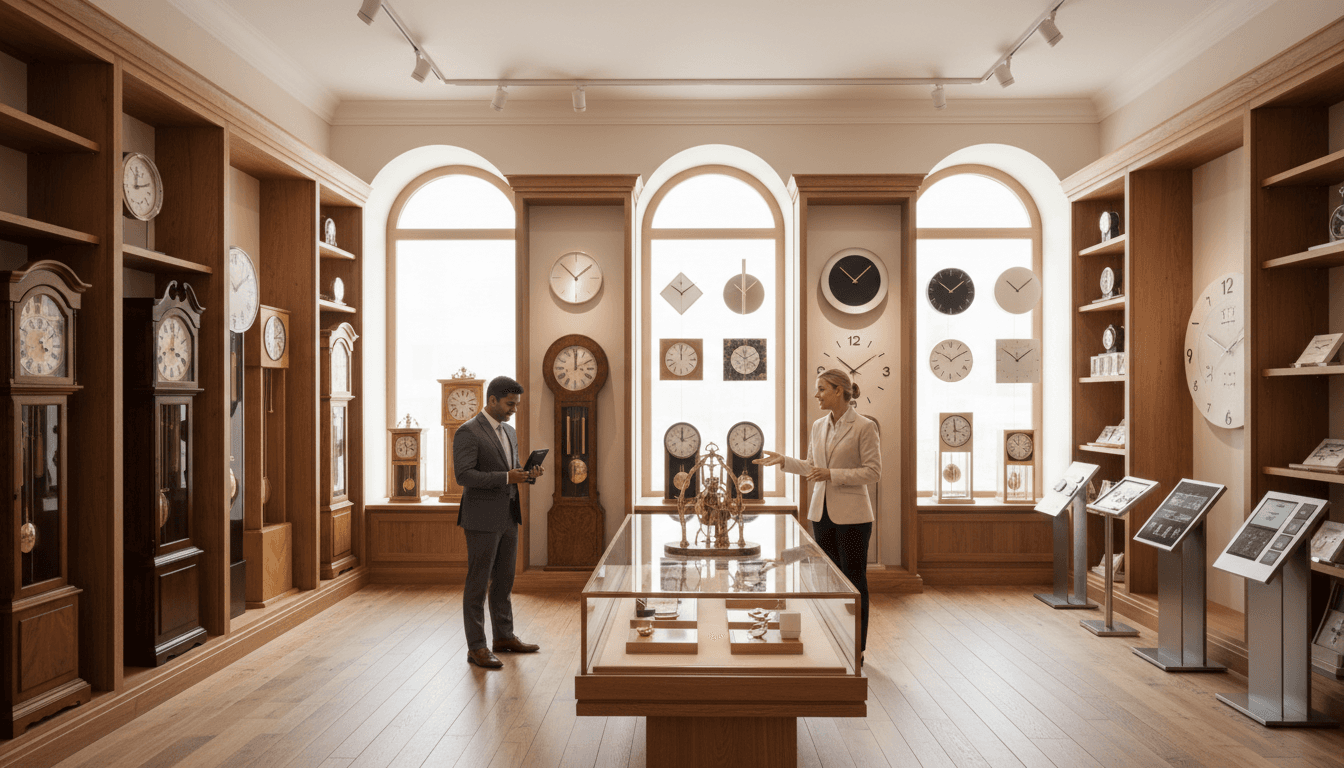 Collectible vintage clocks and brass items arranged on bureau