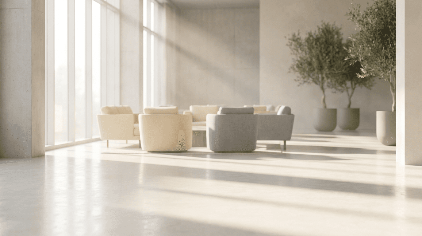 Warm sunlit room with antique furniture and soft neutral tones