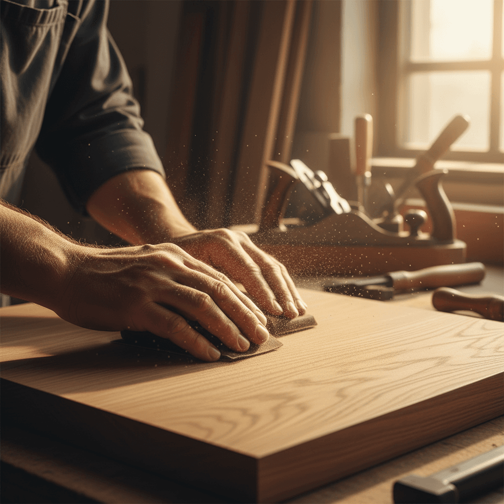 Colin examining a piece of vintage furniture in a warm, sunlit room